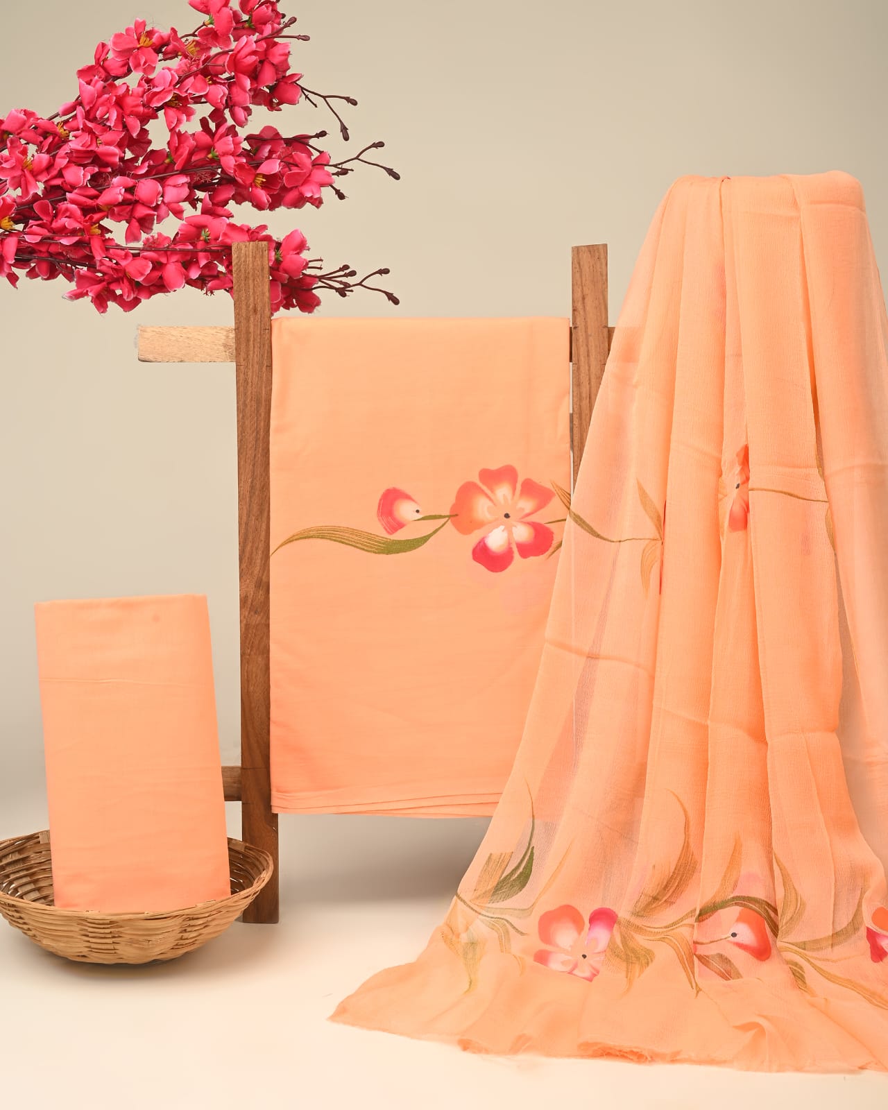 peach floral hand painted cotton dress material with chiffon dupatta wholesale India boutique fabric sourcing Fabtexs