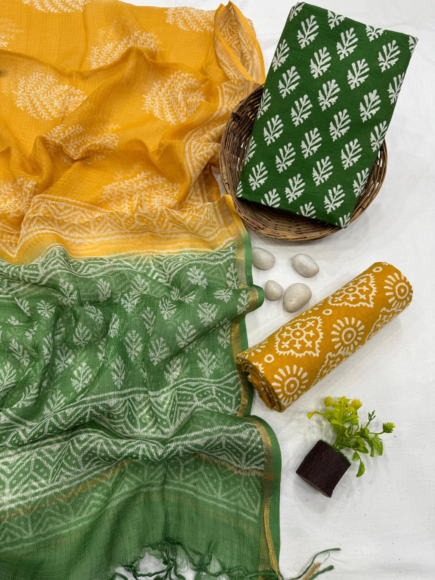 Wholesale Cotton Dress Material with Bottle Green Butti Kota Doria Dupatta – Artisan handblock printed fabric for boutiques, designers & bulk orders