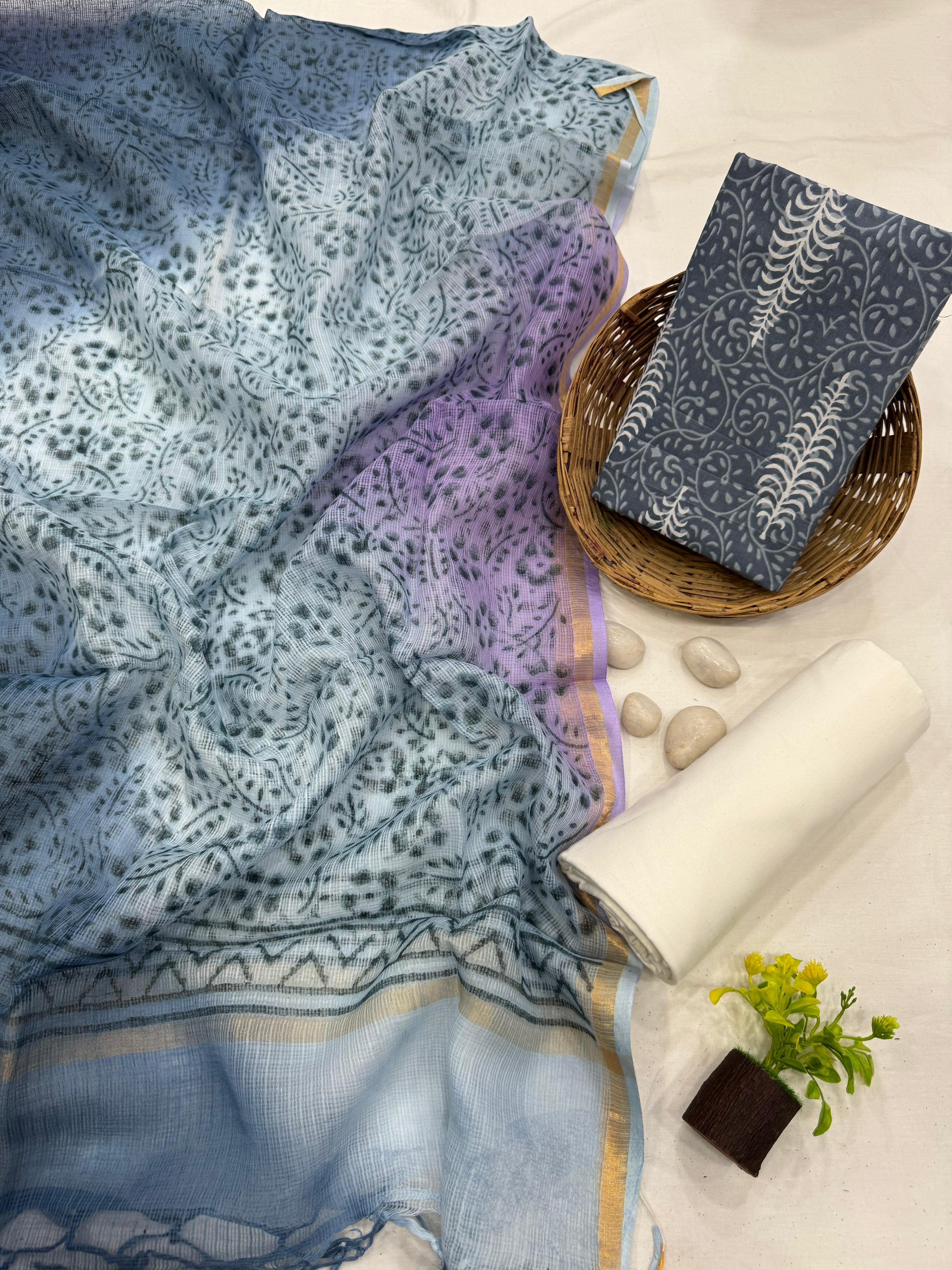 Handcrafted Cotton Dress Material with Gray Floral Jaal Kota Doria Dupatta – Lightweight handblock printed fabric for boutiques, designers & wholesale buyers