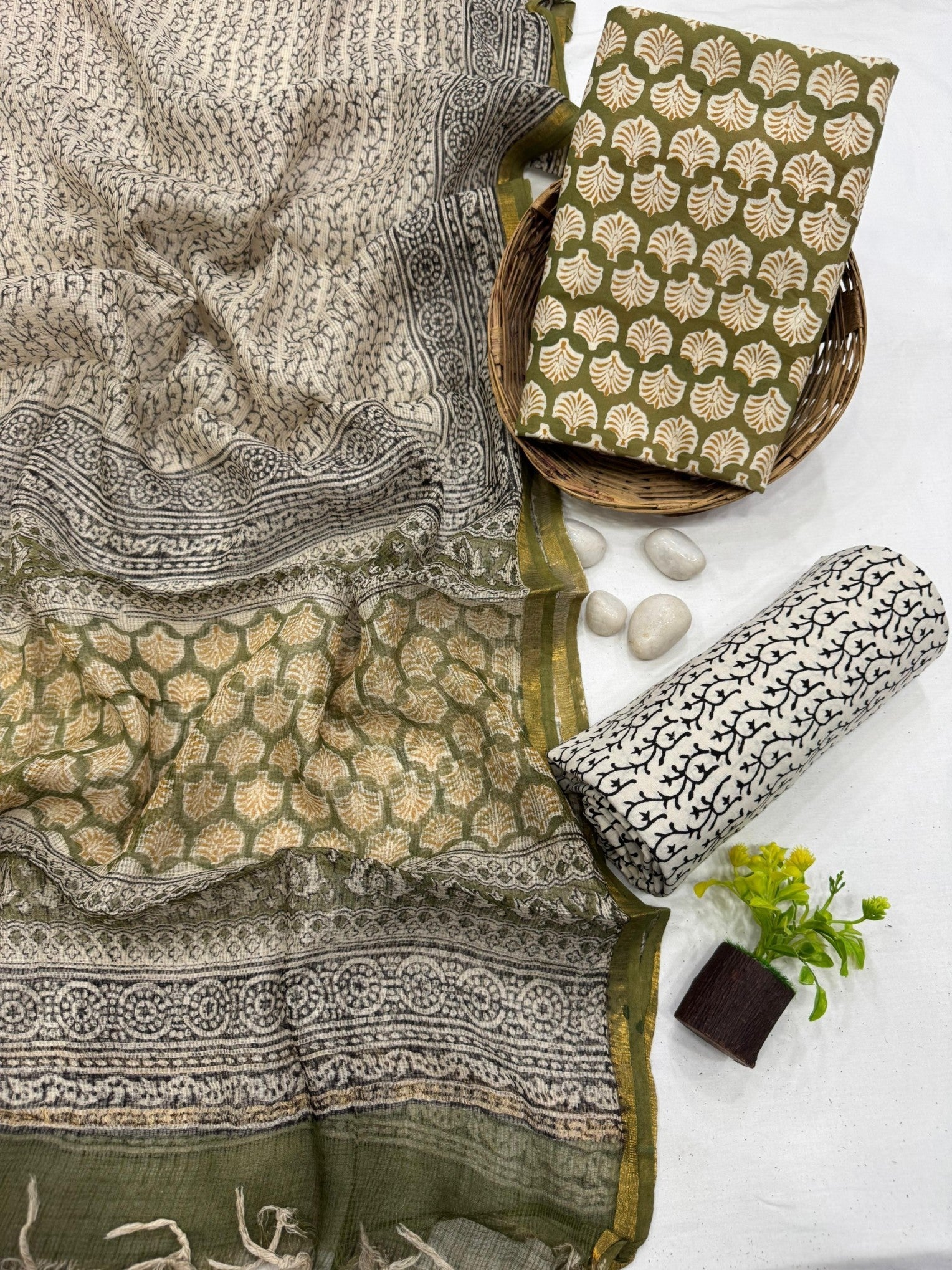 Wholesale Cotton Dress Material with Green Butti Kota Doria Dupatta – Artisan handblock printed fabric for designers, boutiques & bulk orders