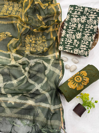 Handblock Printed Cotton Dress Material with Green Motif Kota Doria Dupatta – Lightweight, artisan-crafted fabric for boutiques, designers & wholesale buyers