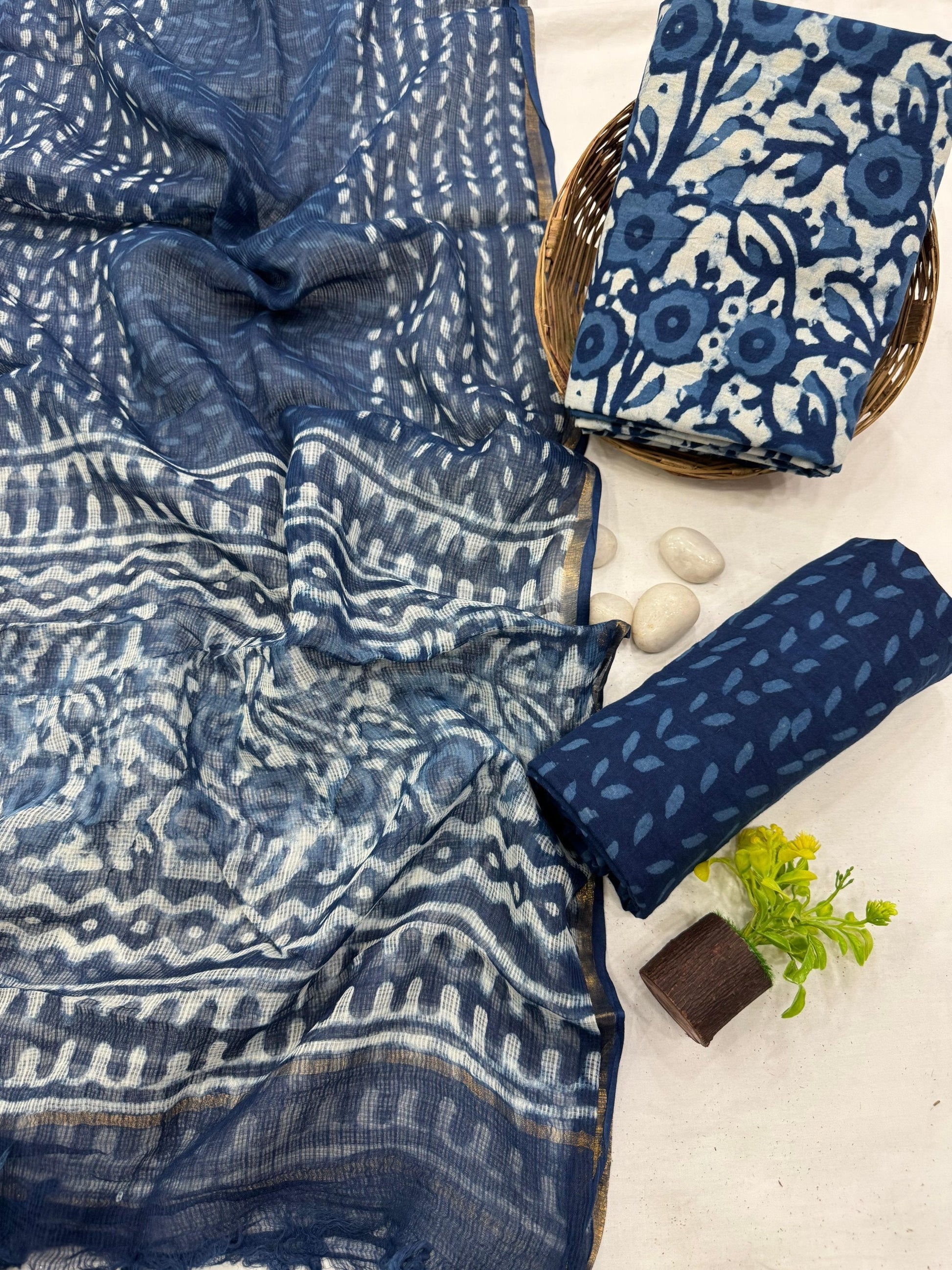 Wholesale Cotton Dress Material with Indigo Dabu Kota Doria Dupatta – Handblock printed, artisan-crafted fabric for boutiques, designers & bulk orders