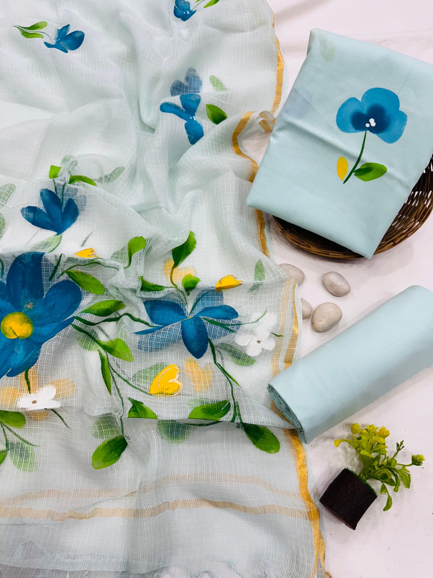 Handcrafted Cotton Dress Material with Light Blue Hand-Painted Flower Kota Doria Dupatta – Lightweight, artisan-crafted fabric for boutiques, designers & wholesale buyers