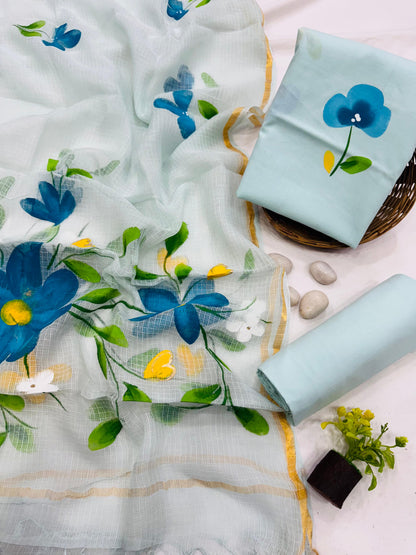 Handcrafted Cotton Dress Material with Light Blue Hand-Painted Flower Kota Doria Dupatta – Lightweight, artisan-crafted fabric for boutiques, designers & wholesale buyers