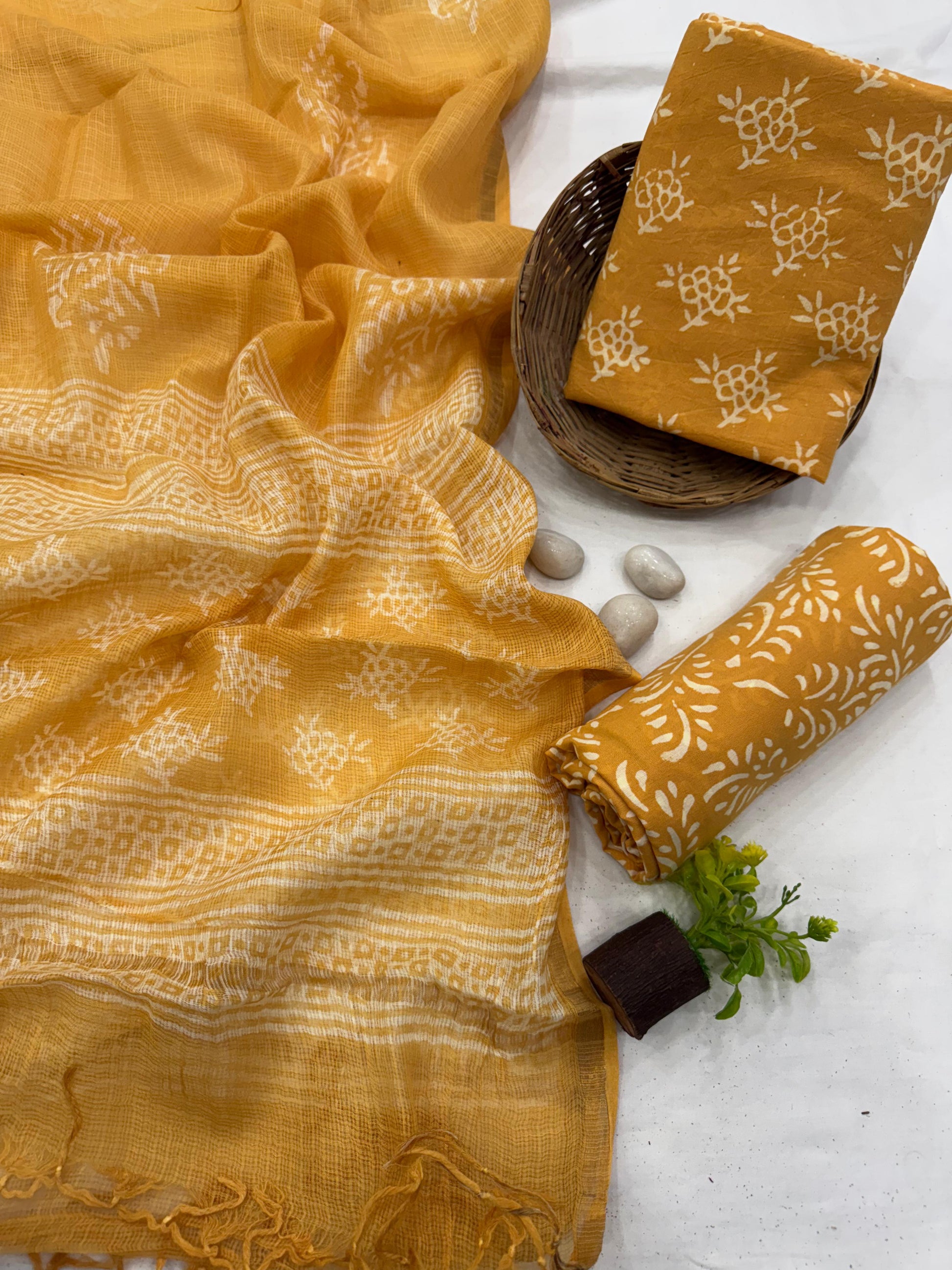 Wholesale Cotton Dress Material with Mustard Butti Kota Doria Dupatta – Artisan handblock printed fabric for boutiques, designers & bulk orders