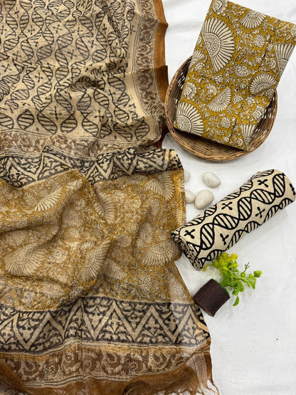 Wholesale Cotton Dress Material with Mustard Floral Jaal Kota Doria Dupatta – Artisan handblock printed fabric for designers, boutiques & bulk orders