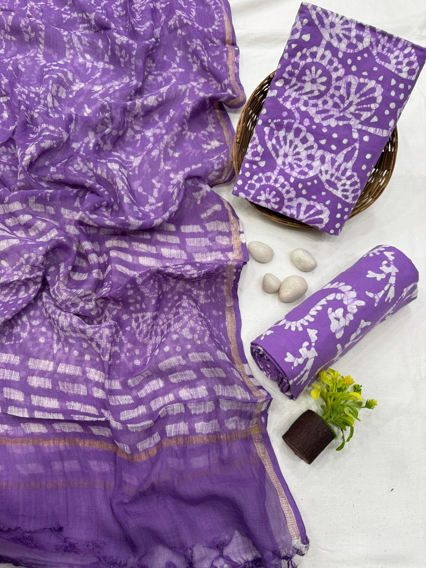Handblock Printed Cotton Dress Material with Purple Batik Kota Doria Dupatta – Lightweight fabric for boutiques, designers & wholesale buyers