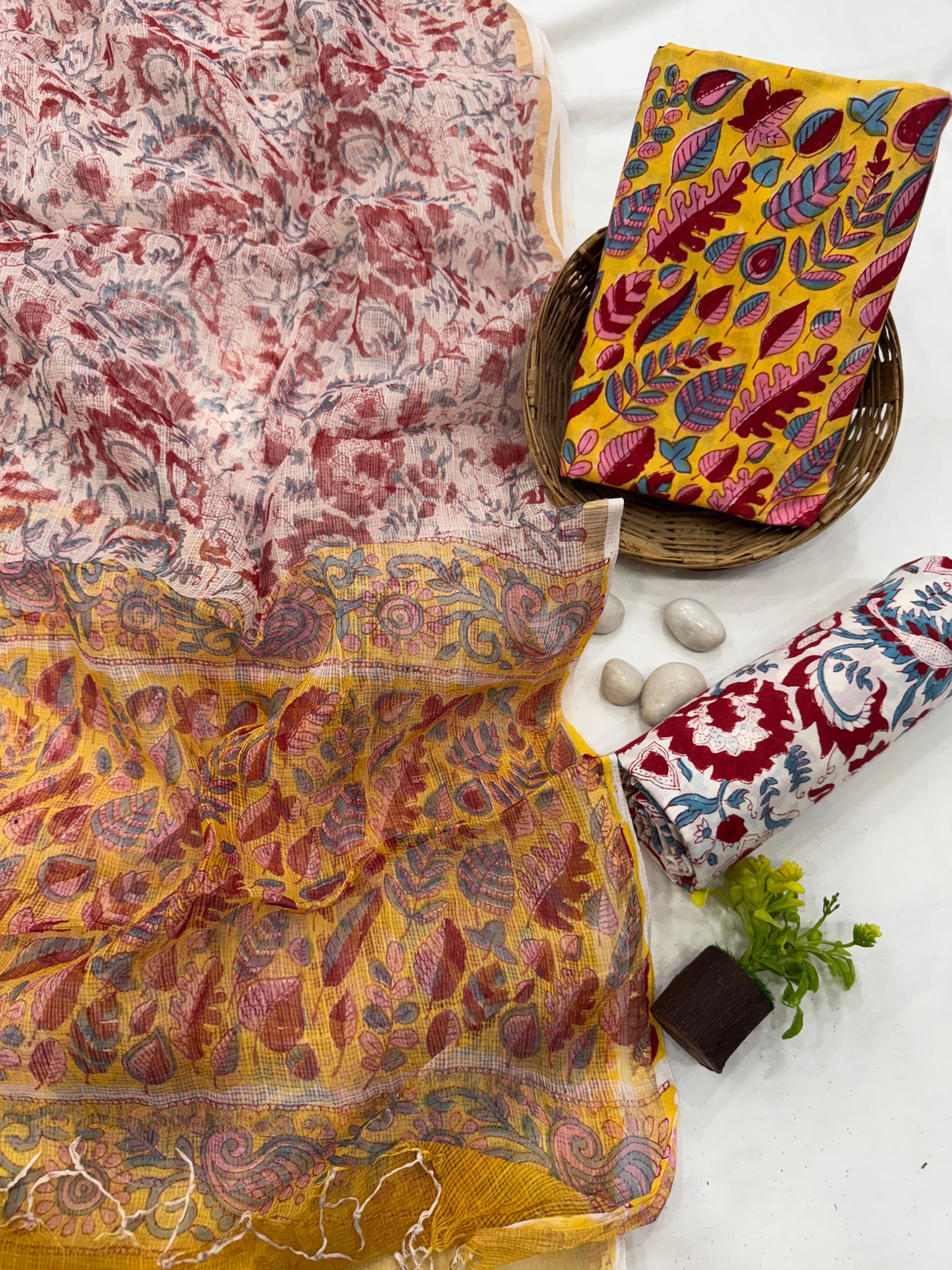 Wholesale Cotton Dress Material with Yellow Leaf Motif Kota Doria Dupatta – Artisan handblock printed fabric for boutiques, designers & bulk orders