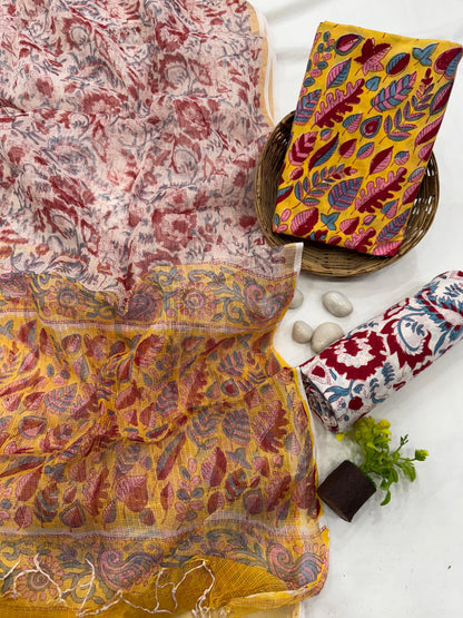 Wholesale Cotton Dress Material with Yellow Leaf Motif Kota Doria Dupatta – Artisan handblock printed fabric for boutiques, designers & bulk orders