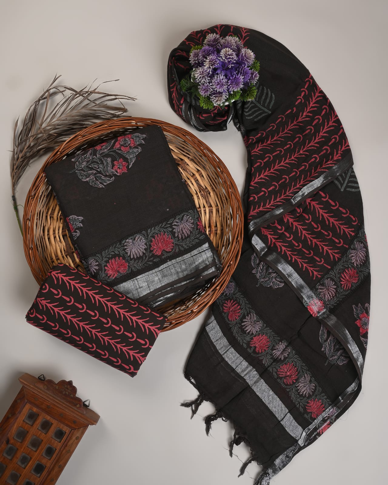 Black pink butta cotton linen dress material wholesale, handblock printed cotton linen suit set by Fabtexs