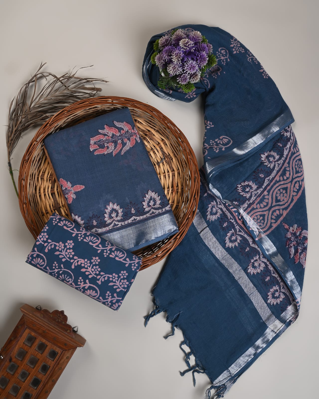 Blue butta cotton linen dress material wholesale, handblock printed cotton linen suit set by Fabtexs