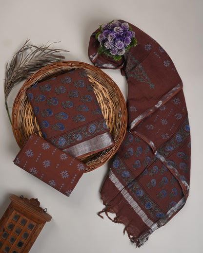Brown cotton linen dress material wholesale, handblock printed cotton linen suit set by Fabtexs