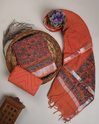 Orange jaal cotton linen dress material wholesale, handblock printed cotton linen suit set by Fabtexs