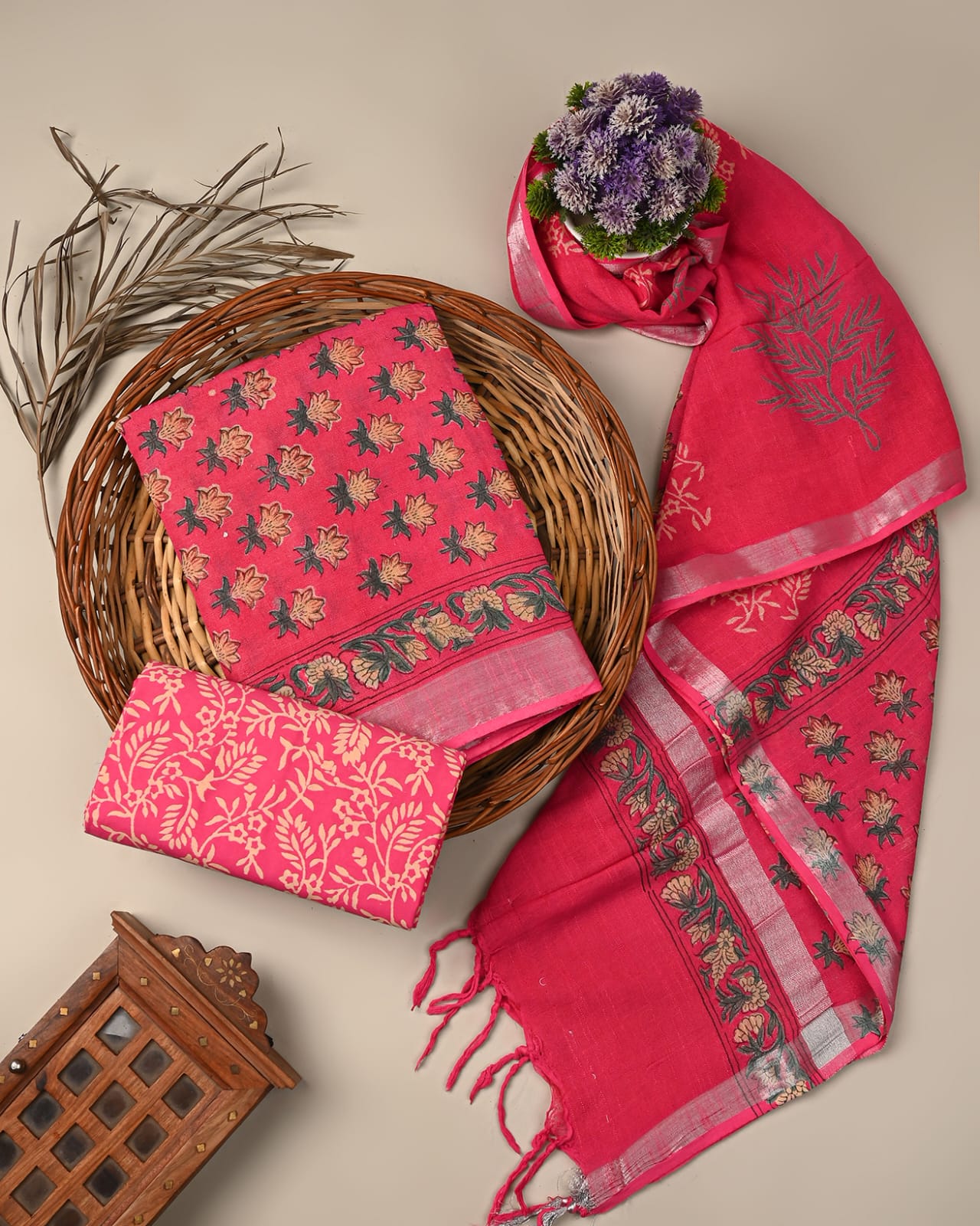 Pink cotton linen dress material wholesale, handblock printed cotton linen suit set by Fabtexs