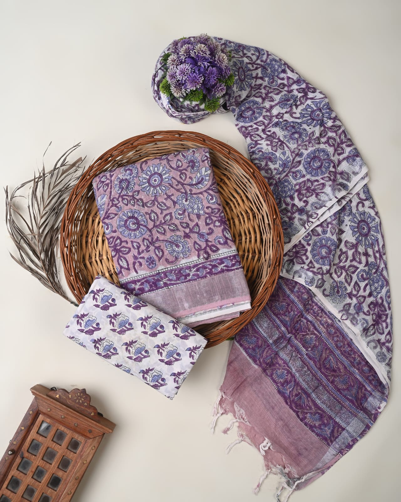 Purple pink butta cotton linen dress material wholesale, handblock printed cotton linen suit set by Fabtexs