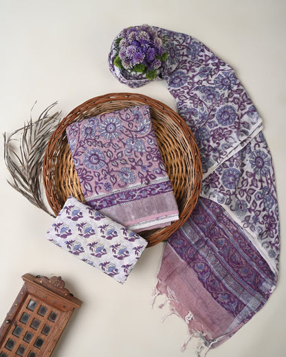 Purple pink butta cotton linen dress material wholesale, handblock printed cotton linen suit set by Fabtexs