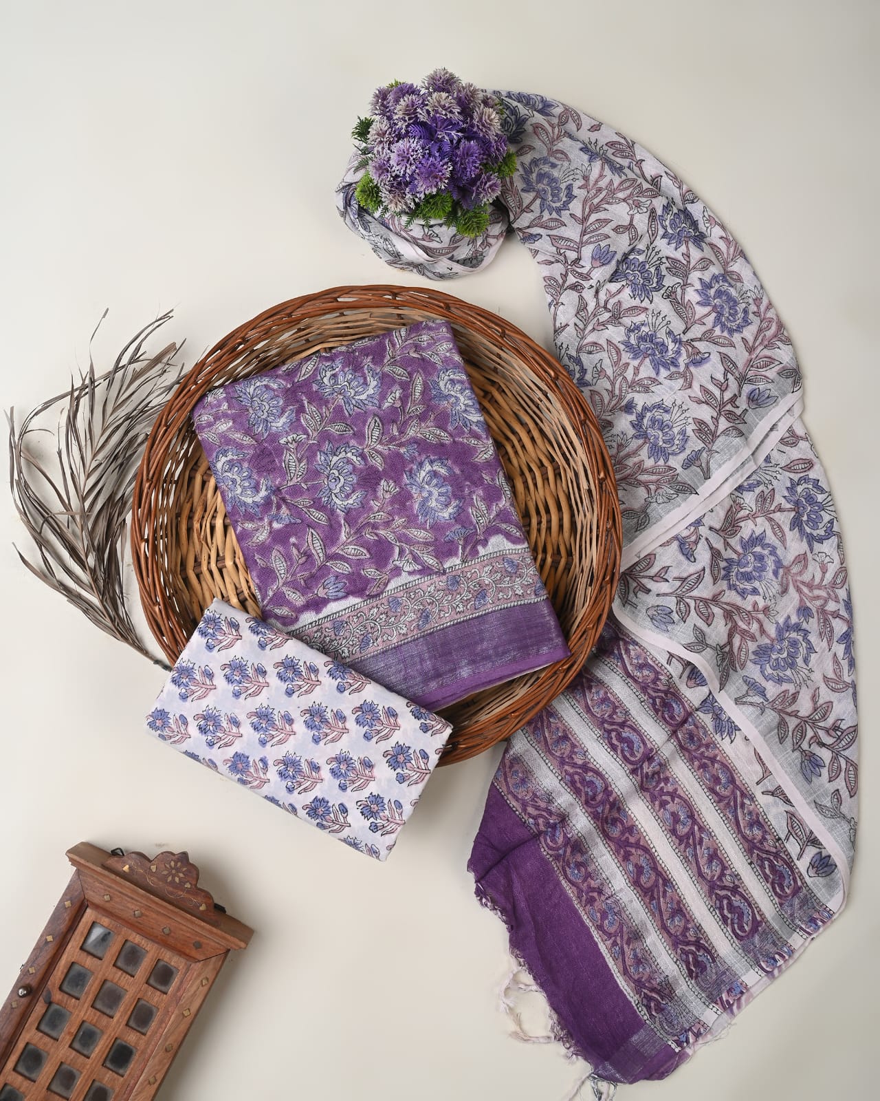 Purple cotton linen dress material wholesale, handblock printed cotton linen suit set by Fabtexs