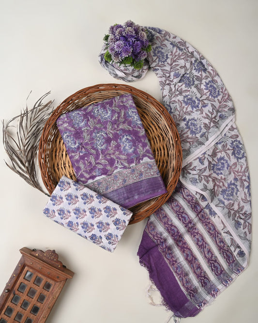 Purple cotton linen dress material wholesale, handblock printed cotton linen suit set by Fabtexs