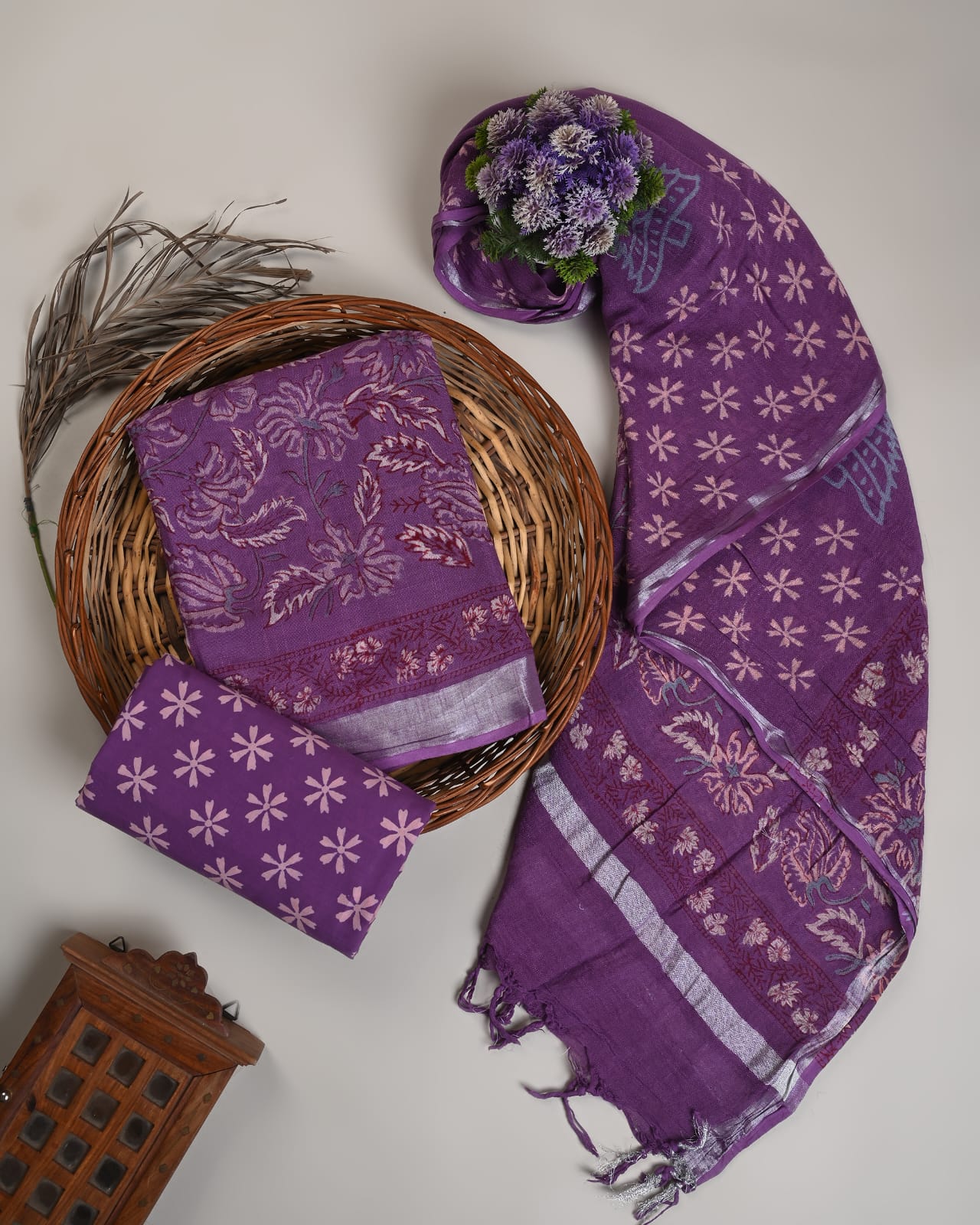 Purple paisley cotton linen dress material wholesale, handblock printed cotton linen suit set by Fabtexs