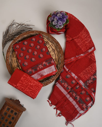 Red cotton linen dress material wholesale, handblock printed cotton linen suit set by Fabtexs