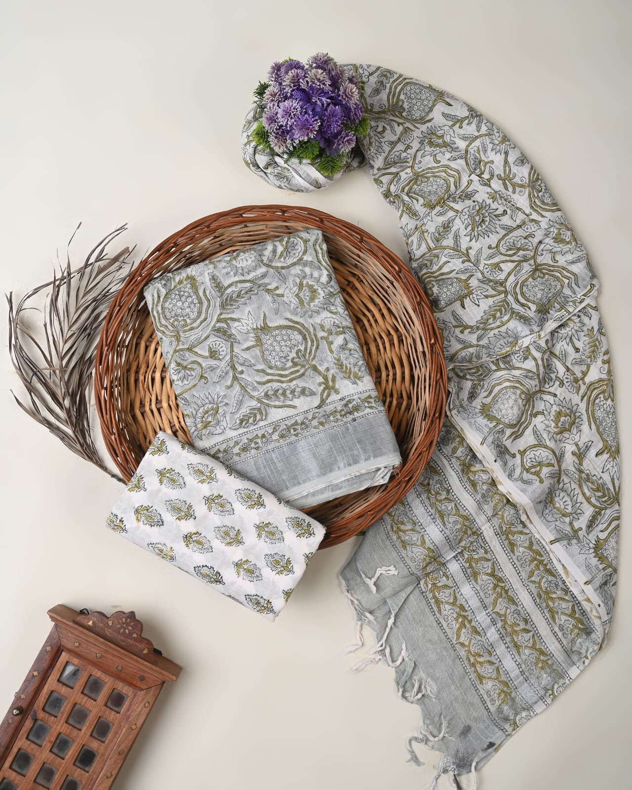 White cotton linen dress material wholesale, handblock printed cotton linen suit set by Fabtexs