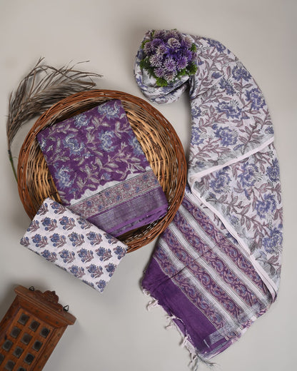 White purple jaal cotton linen dress material wholesale, handblock printed cotton linen suit set by Fabtexs