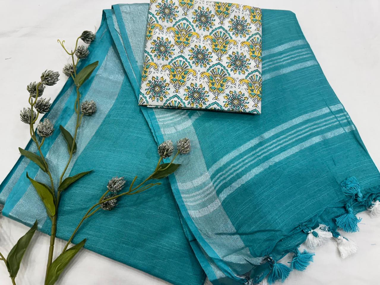 Plain Cotton Linen Saree Wholesale in Blue Sea Green – Lightweight Handcrafted Designer Linen Saree for Boutiques & Retailers | Fabtexs