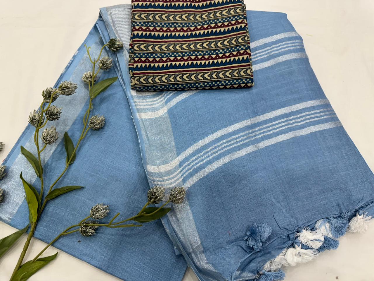 Plain Cotton Linen Saree Wholesale in Dusty Blue – Lightweight Handcrafted Designer Linen Saree for Boutiques & Retailers | Fabtexs