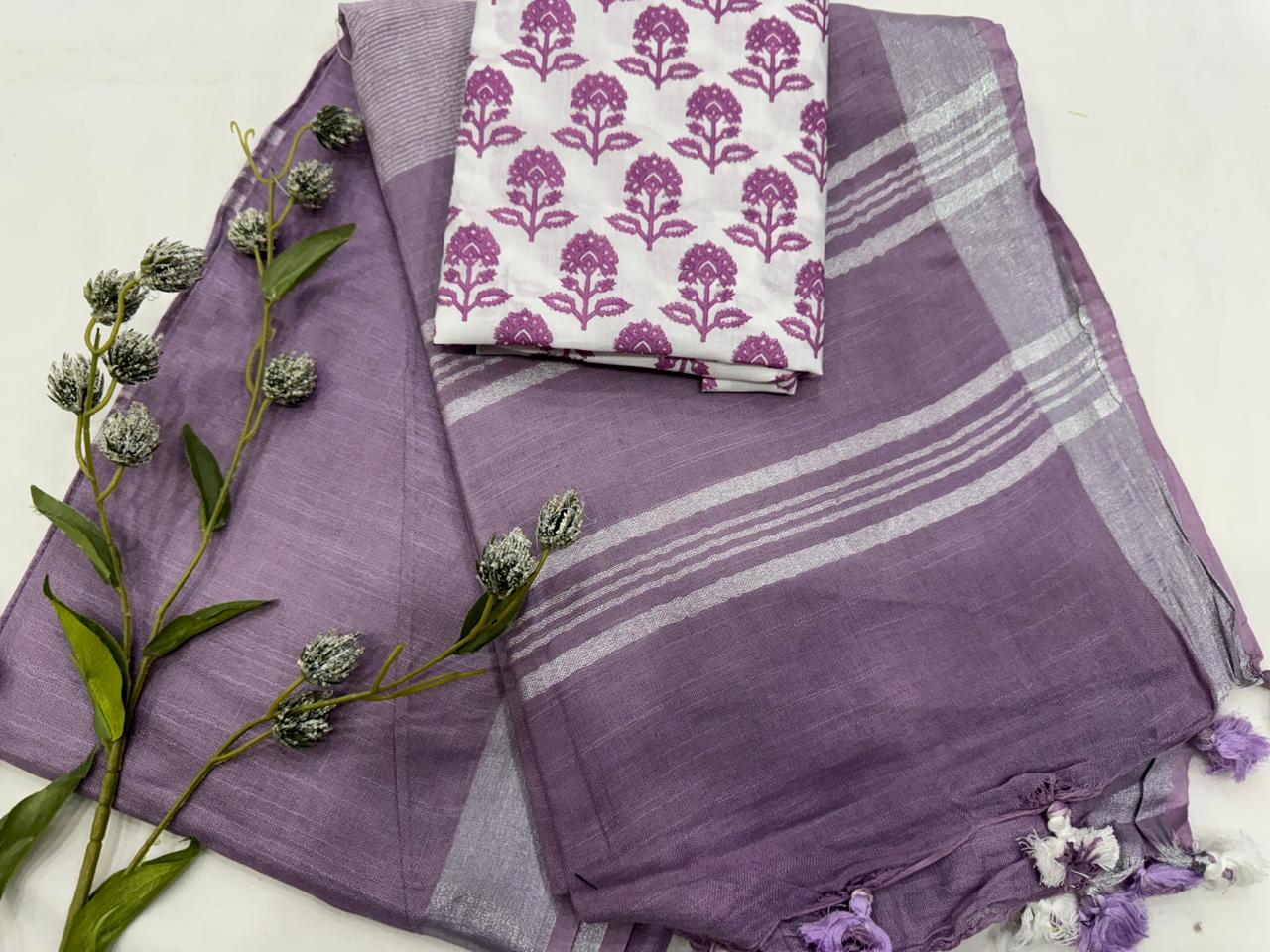 Plain Cotton Linen Saree Wholesale in Dusty Lavender – Lightweight Handcrafted Designer Linen Saree for Boutiques & Retailers | Fabtexs