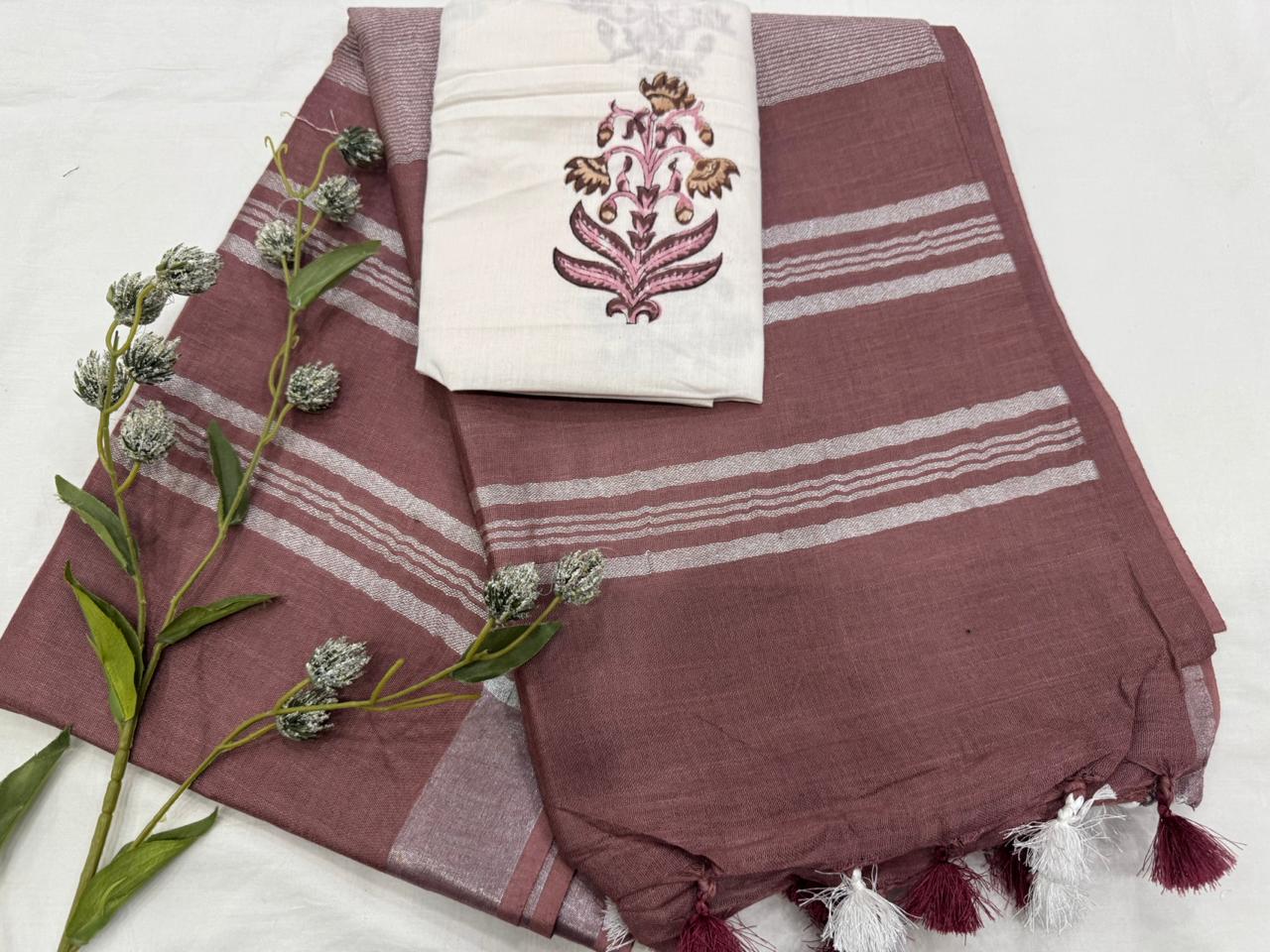 Plain Cotton Linen Saree Wholesale in Dusty Onion Pink – Lightweight Handcrafted Designer Linen Saree for Boutiques & Retailers | Fabtexs