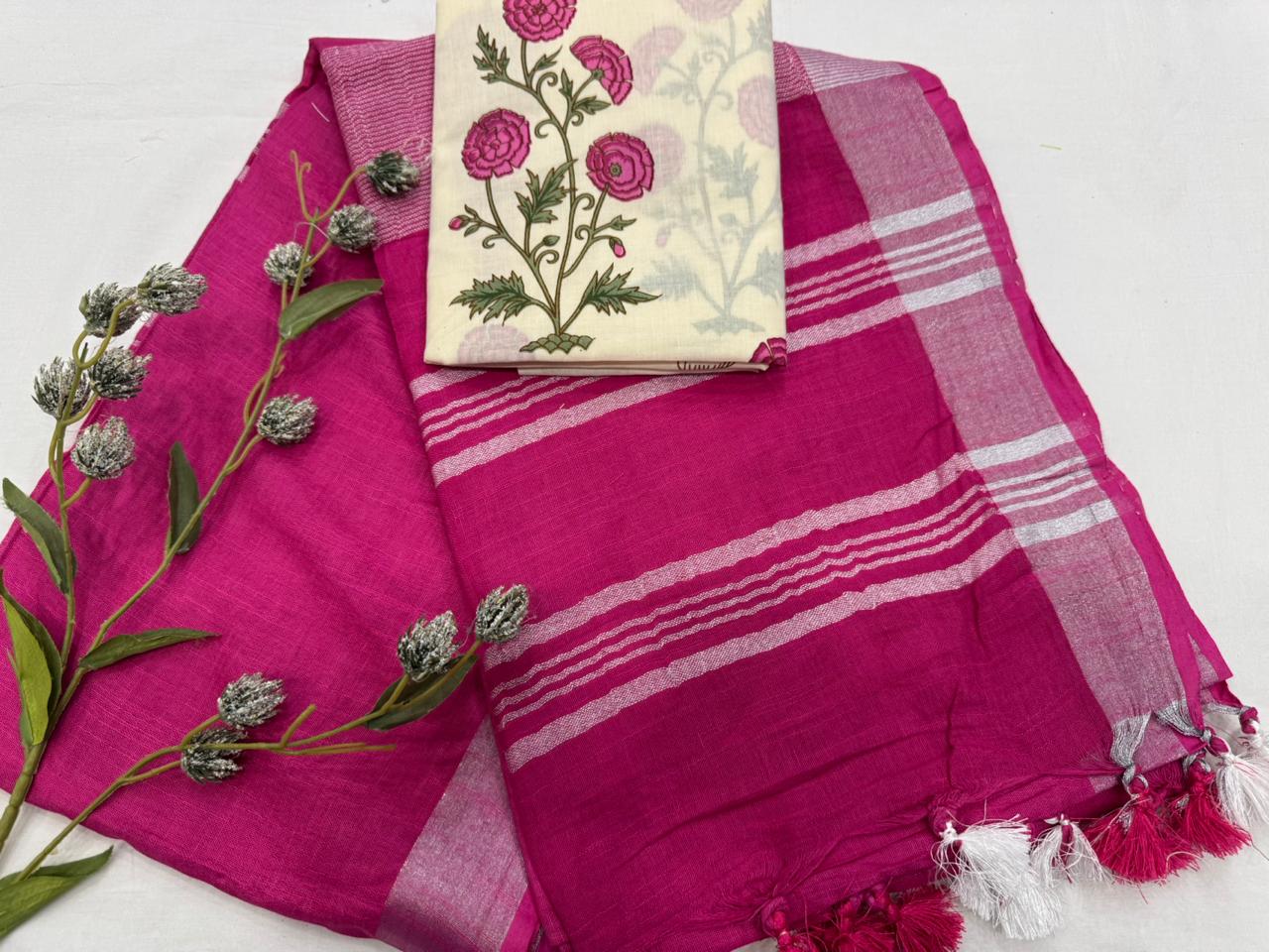 Plain Cotton Linen Saree Wholesale in Fuschia Pink – Lightweight Handcrafted Designer Linen Saree for Boutiques & Retailers | Fabtexs