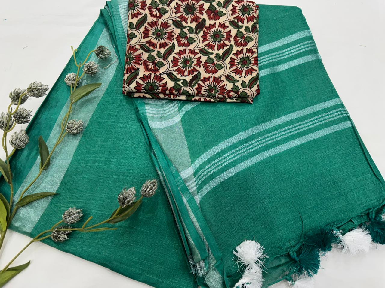 Plain Cotton Linen Saree Wholesale in Green – Lightweight Handcrafted Designer Linen Saree for Boutiques & Retailers | Fabtexs