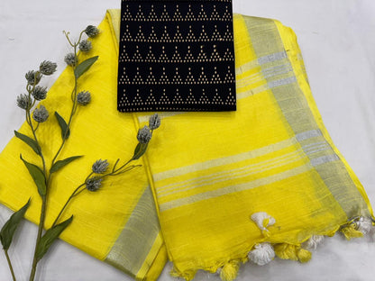 Plain Cotton Linen Saree Wholesale in Lemon Yellow – Lightweight Handcrafted Designer Linen Saree for Boutiques & Retailers | Fabtexs