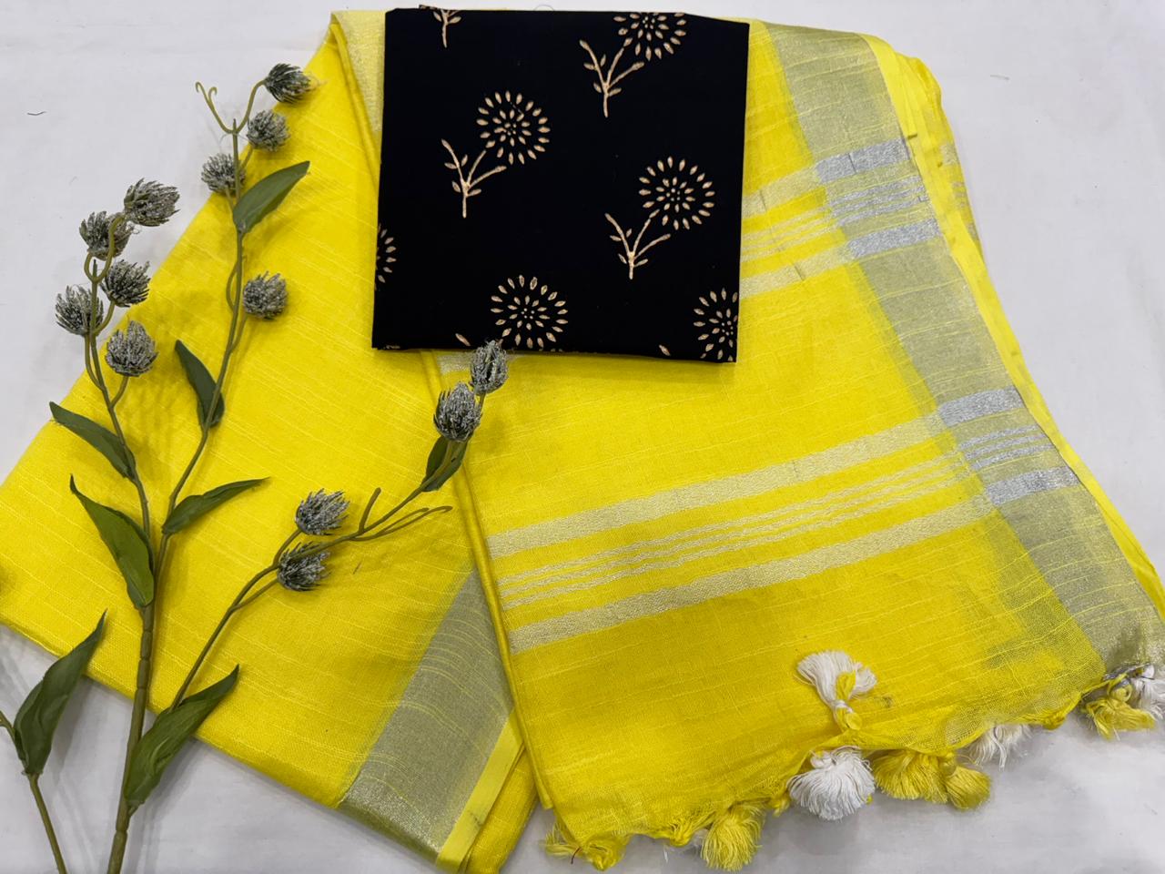 Plain Cotton Linen Saree Wholesale in Lemon Yellow – Lightweight Handcrafted Designer Linen Saree for Boutiques & Retailers | Fabtexs