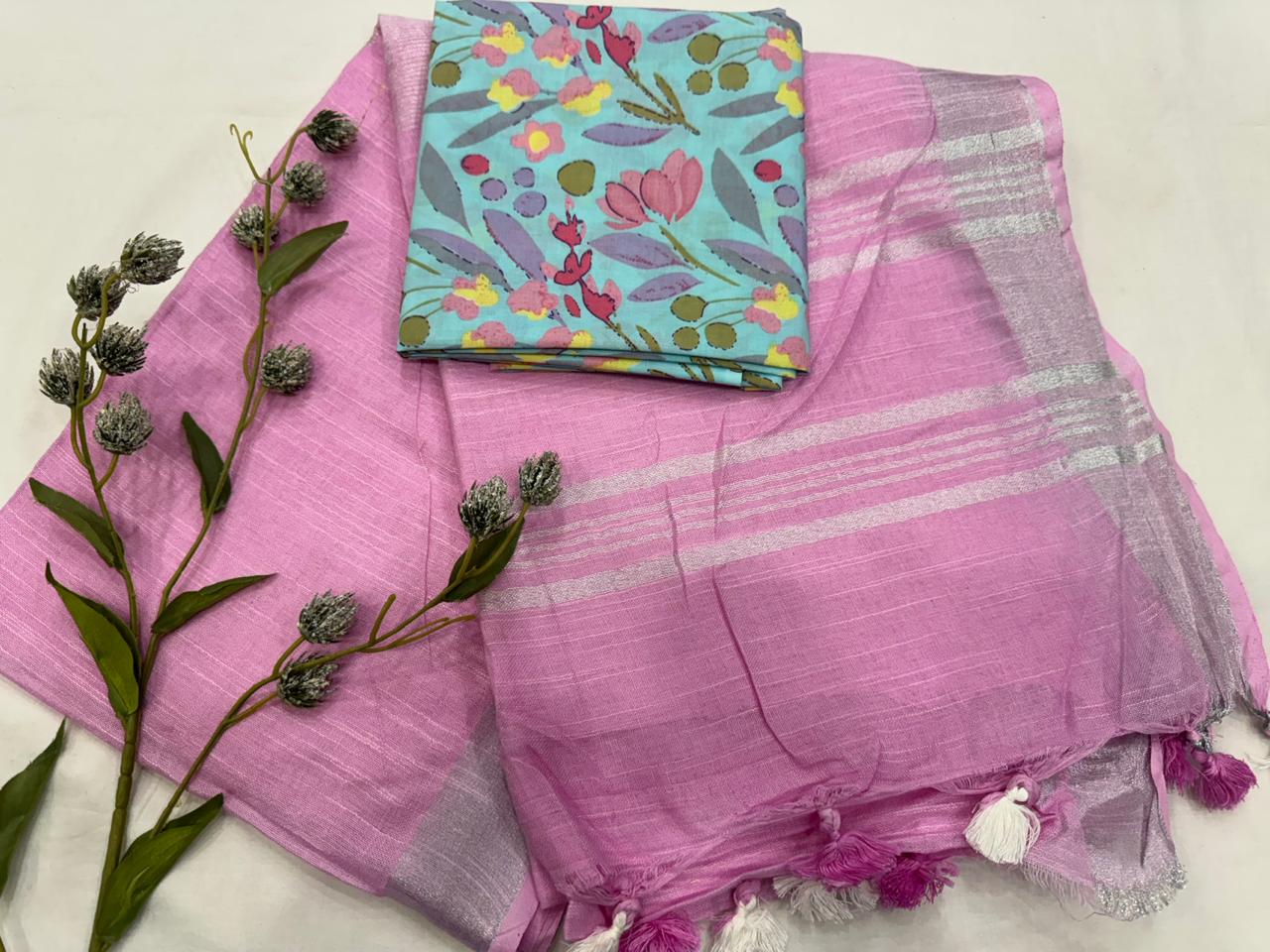 Plain Cotton Linen Saree Wholesale in Light Baby Pink – Lightweight Handcrafted Designer Linen Saree for Boutiques & Retailers | Fabtexs