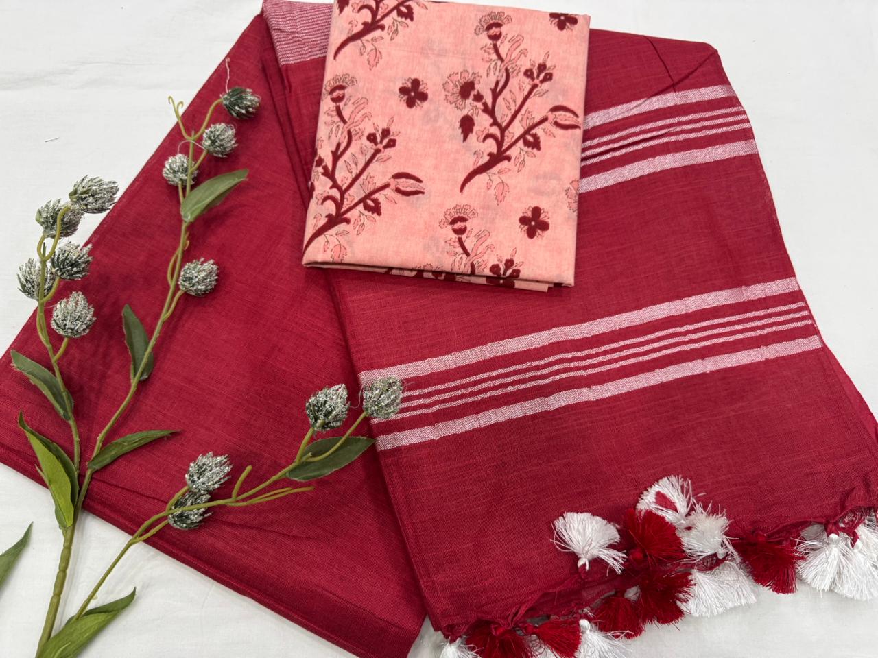 Plain Cotton Linen Saree Wholesale in Light Maroon – Lightweight Handcrafted Designer Linen Saree for Boutiques & Retailers | Fabtexs