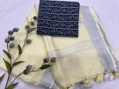 Plain Cotton Linen Saree Wholesale in Light Yellow – Lightweight Handcrafted Designer Linen Saree for Boutiques & Retailers | Fabtexs