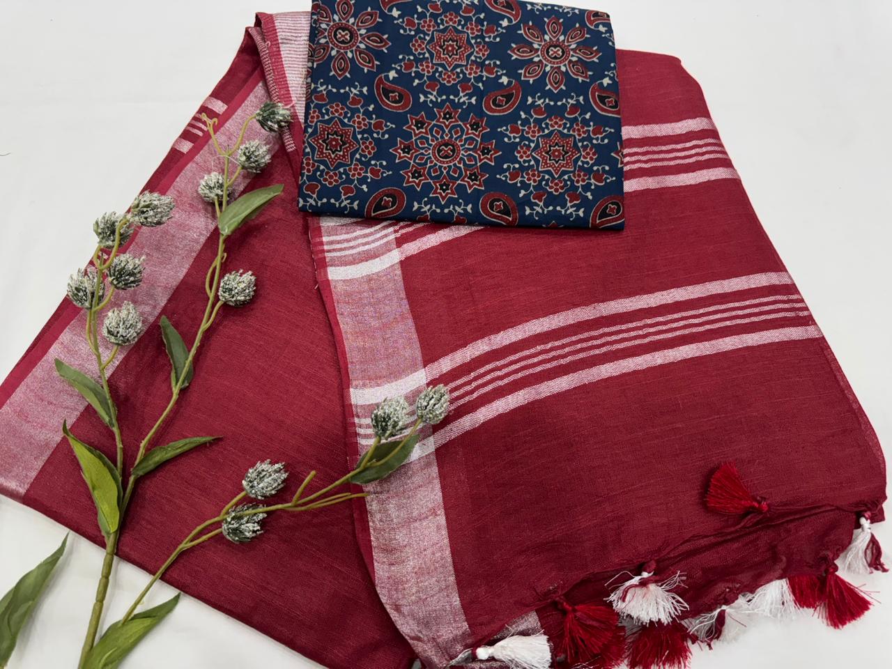 Plain Cotton Linen Saree Wholesale in Maroon – Lightweight Handcrafted Designer Linen Saree for Boutiques & Retailers | Fabtexs