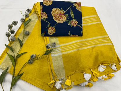 Plain Cotton Linen Saree Wholesale in Mustard Yellow – Lightweight Handcrafted Designer Linen Saree for Boutiques & Retailers | Fabtexs
