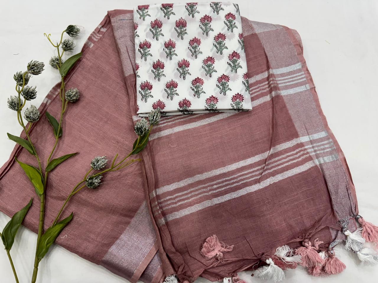 Plain Cotton Linen Saree Wholesale in Onion Pink – Lightweight Handcrafted Designer Linen Saree for Boutiques & Retailers | Fabtexs