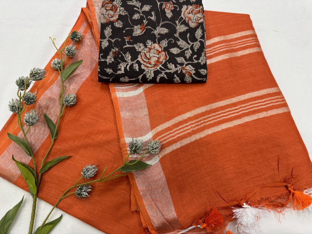 Plain Cotton Linen Saree Wholesale in Orange – Lightweight Handcrafted Designer Linen Saree for Boutiques & Retailers | Fabtexs