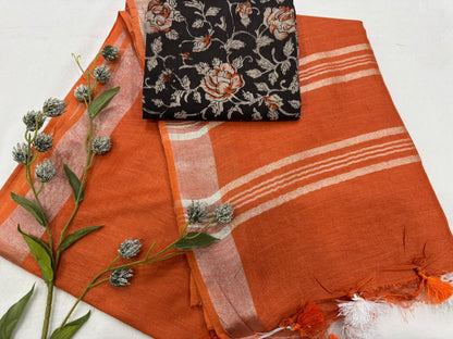 Plain Cotton Linen Saree Wholesale in Orange – Lightweight Handcrafted Designer Linen Saree for Boutiques & Retailers | Fabtexs