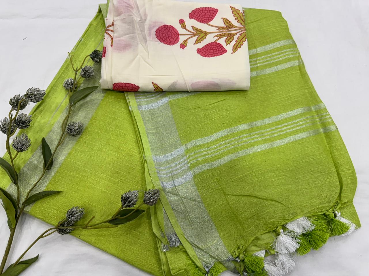 Plain Cotton Linen Saree Wholesale in Parrot Green – Lightweight Handcrafted Designer Linen Saree for Boutiques & Retailers | Fabtexs