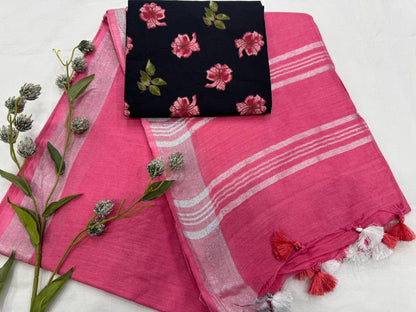 Plain Cotton Linen Saree Wholesale in Pink – Lightweight Handcrafted Designer Linen Saree for Boutiques & Retailers | Fabtexs