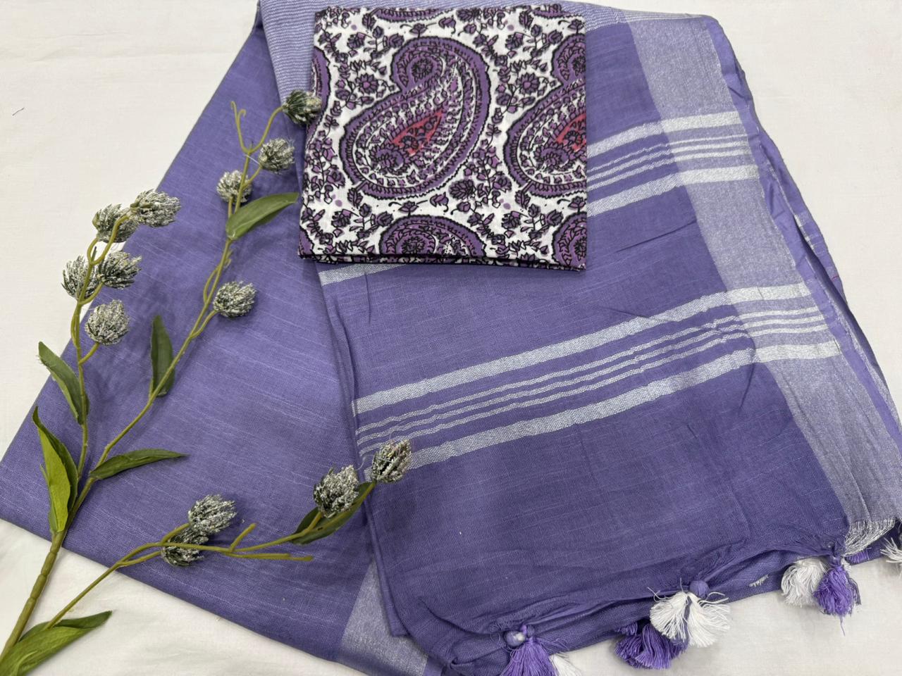 Plain Cotton Linen Saree Wholesale in Purple – Lightweight Handcrafted Designer Linen Saree for Boutiques & Retailers | Fabtexs