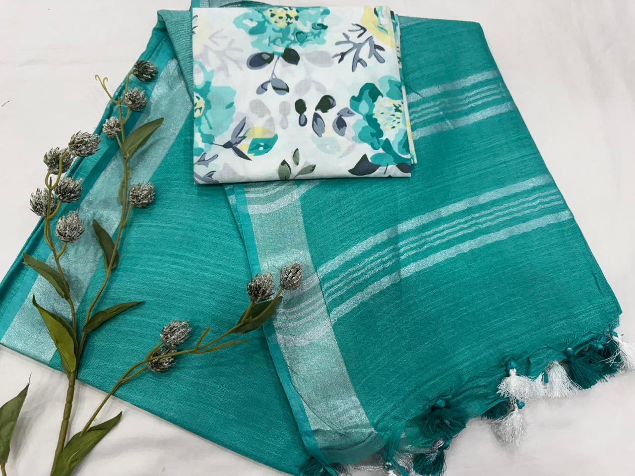 Plain Cotton Linen Saree Wholesale in Sea Green – Lightweight Handcrafted Designer Linen Saree for Boutiques & Retailers | Fabtexs