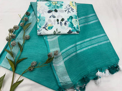 Plain Cotton Linen Saree Wholesale in Sea Green – Lightweight Handcrafted Designer Linen Saree for Boutiques & Retailers | Fabtexs