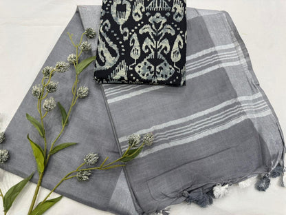 Plain Cotton Linen Saree Wholesale in Steel Grey – Lightweight Handcrafted Designer Linen Saree for Boutiques & Retailers | Fabtexs