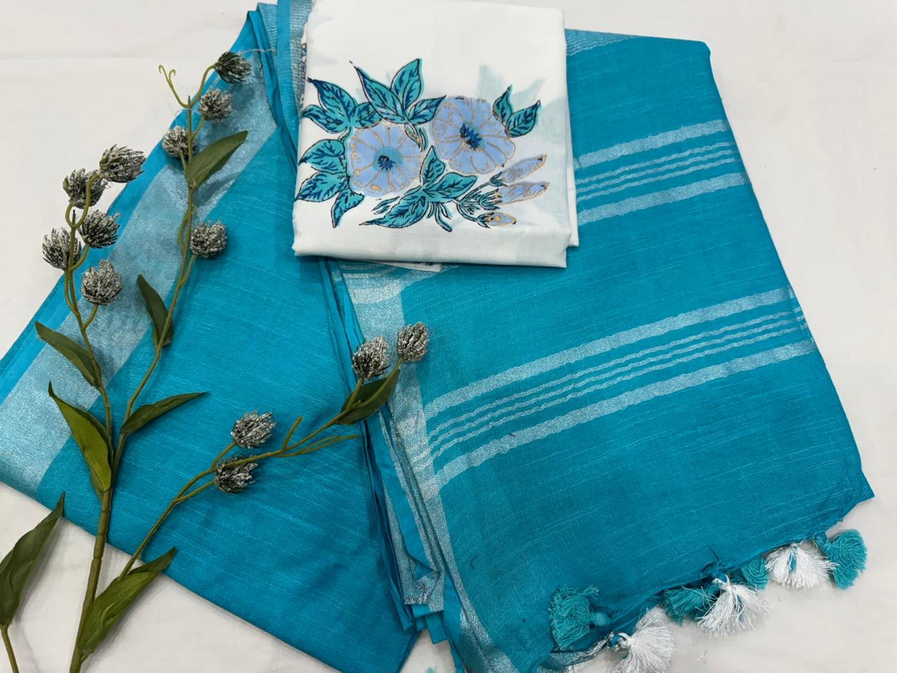 Plain Cotton Linen Saree Wholesale in Turquoise Light Blue – Lightweight Handcrafted Designer Linen Saree for Boutiques & Retailers | Fabtexs