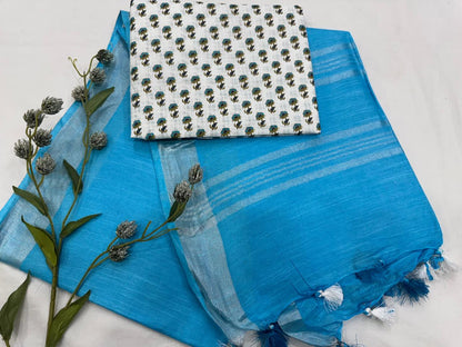 Plain Cotton Linen Saree Wholesale in Turquoise Blue – Lightweight Handcrafted Designer Linen Saree for Boutiques & Retailers | Fabtexs